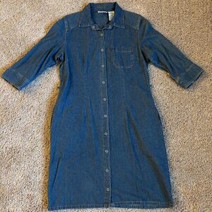 Vintage Jean Shirt Dress Womens M Blue 100% Cotton Denim Snap Up Knee Length